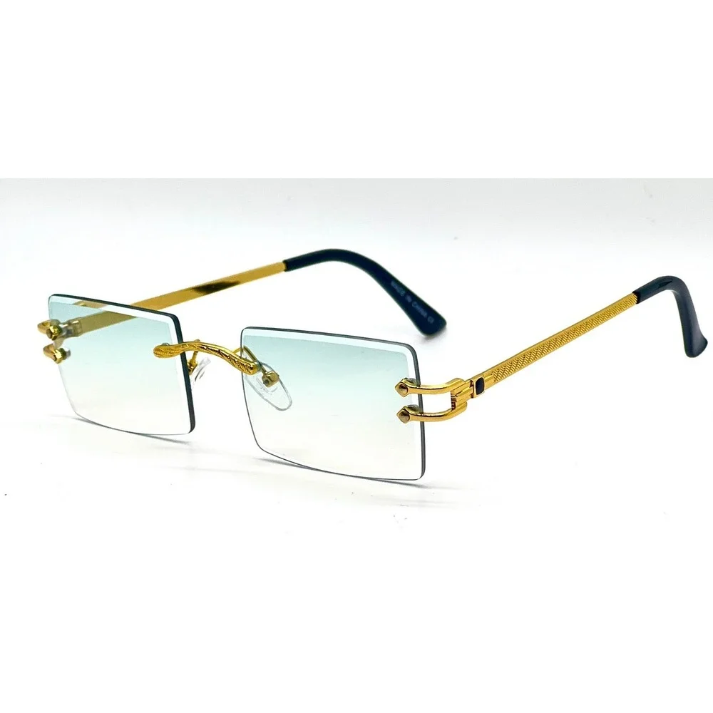 Rimless Sunglasses Green Lens Gold Accents Rectangle Fashion Shades Lentes Gafas